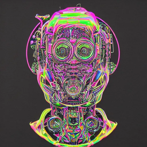 Image similar to mockup of a black tshirt with a hyperdetailed portrait of a steampunk robot by alex grey, 8 k, symetrical, flourescent colors, happy trippy mood, multicolored,