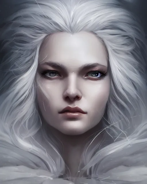 Image similar to portrait of a beautiful fierce snow and storm goddess, flowy white grey hair, grey eyes, cinematic lighting, highly detailed, digital painting, trending on artstation, pixiv, concept art, sharp focus, illustration, art by ross tran and wlop