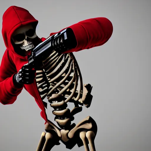 Image similar to a skeleton in a red hoodie with a rifle ultrarealism