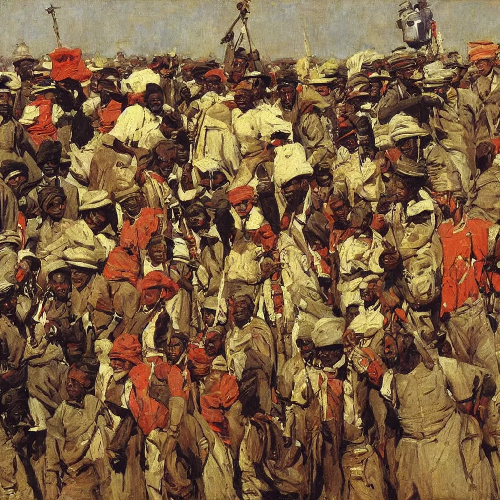 Prompt: british colonial officers in Lagos, 1905, bright colours, oil on canvas, by Ilya Repin