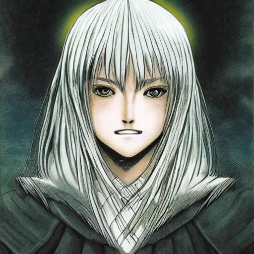 Prompt: a stunning portrait of a protagonist from a fantasy light novel, white hair and yellow eyes by kentaro miura
