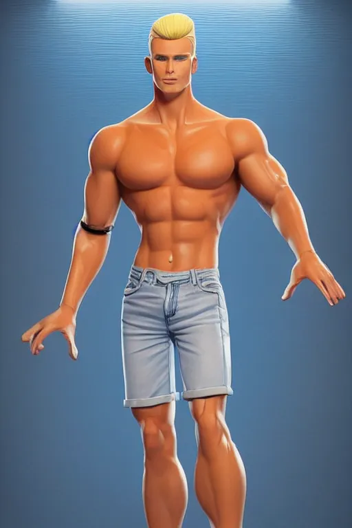 Image similar to a handsome man with blonde hair, ken doll, male android, muscular, wearing a cut-off white top and short light orange shorts, stands by a swimming pool, facing forward, in the style of artgerm and moebius and annie liebovitz, photorealistic, highly detailed, trending on artstation