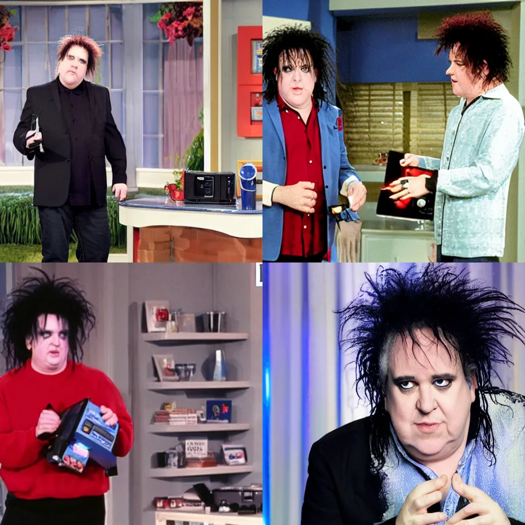 Prompt: robert smith from the cure as a presenter on a teleshopping channel, home shopping network, qvc