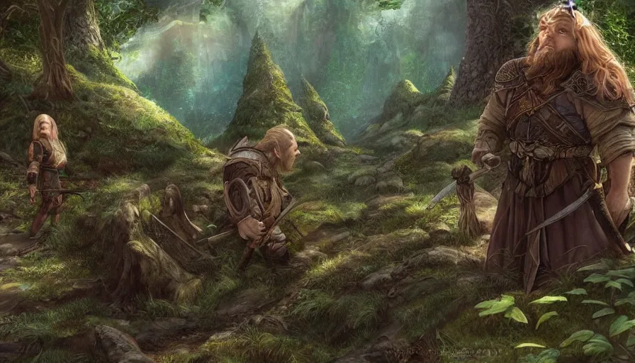 Prompt: the dwarf gimli and the elf legolas in lothlorien, realm of galadriel, artwork, artstation, beautiful setting