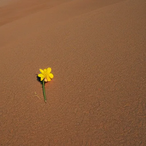 Image similar to a single small pretty desert flower blooms in the middle of a bleak arid empty desert, sand dunes, clear sky, low angle.