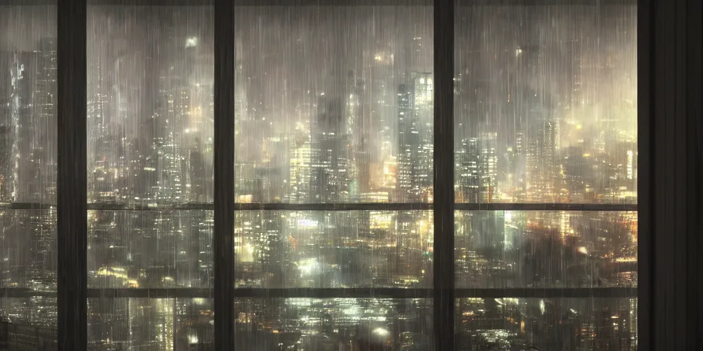 Prompt: a glass view from inside a fully furnished apartment overlooking a rainy bladerunner city at night, photo realistic, high detail, volumetric lighting, dynamic lighting, 4k,hdr, artstation