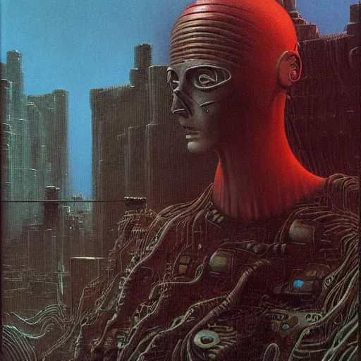 Image similar to cyberpunk painted by zdzisław beksinski