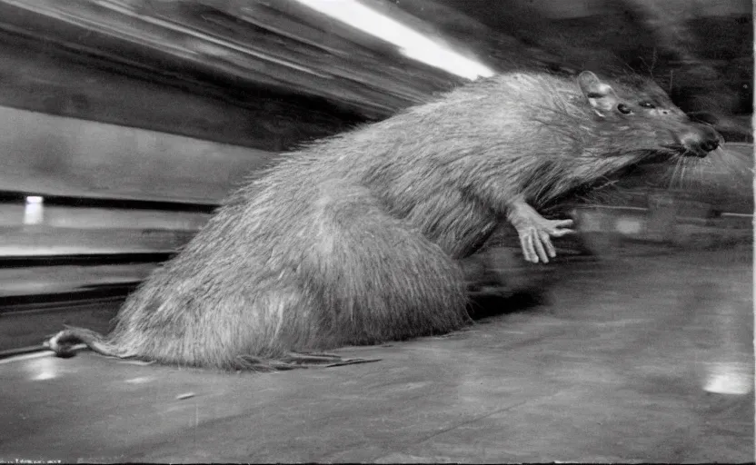 Image similar to old photo from 1 9 6 5. very large giant mutant ugly rat on railways in tonnel of moscow metro. extreme high detail. low light, scary atmosphere