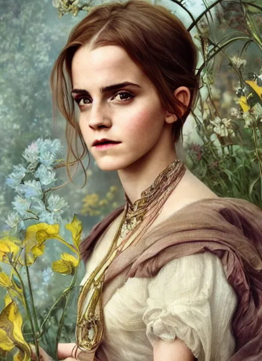 Prompt: Emma Watson as Driada, detailed photograph intricate insanely detailed octane render, 8k artistic photography, photorealistic, full body shot, cute, fantasy, intricate, elegant, highly detailed, digital painting, 4k, HDR, concept art, smooth, sharp focus, illustration, art by alphonse mucha,artgerm, H R Giger