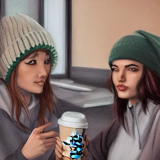 Image similar to hot girls sitting at starbucks being drawn by creepy guy in beanie, 8 k resolution, cinematic lighting, anatomically correct