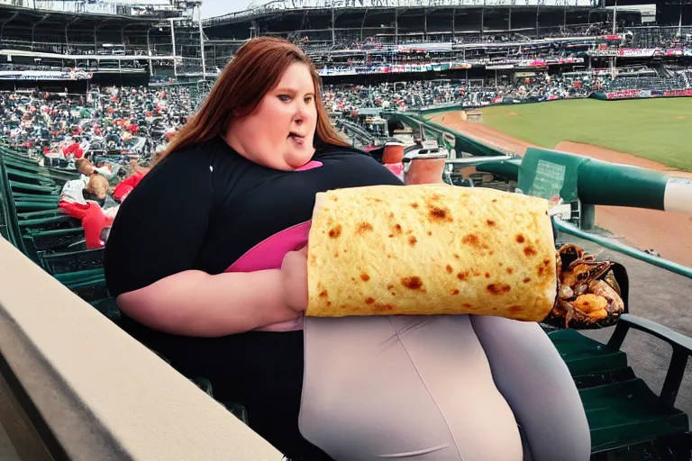 Image similar to obese woman eating a giant burrito sitting at a baseball game, photograph,