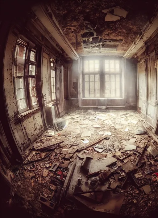 Prompt: fisheye view interior of a abandoned school with ghots flying around, mysticism, art style by kim jung gi karl marx greg rutkowski ghibli, au naturel, hyper detailed, digital art, trending in artstation, cinematic lighting, studio quality, smooth render, unreal engine 5 rendered, octane rendered