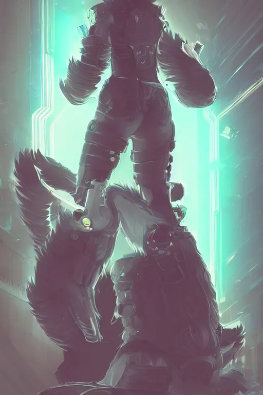 Image similar to an anthropomorphic cyberpunk fox, backlighting, trending on artstation, digital art, furry art, trending on furaffinity, fantasy art, by kawacy, view from behind, fluffy tail