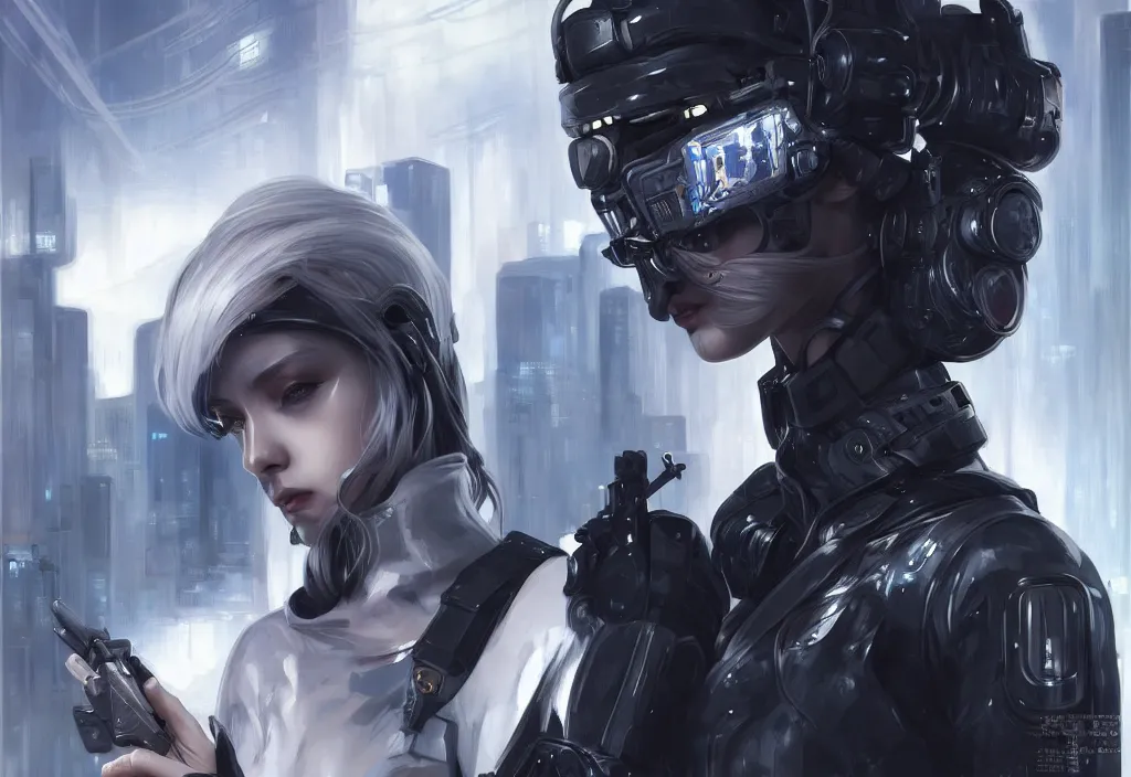 Prompt: portrait holy medium grey hair of futuristic police girl, black armored uniform, at futuristic cyberpunk tokyo night, ssci - fi and fantasy, intricate and very very very beautiful, highly detailed, digital painting, artstation, concept art, smooth and sharp focus, illustration, art by tian zi and wlop and alphonse mucha