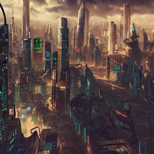 Image similar to cute cat looking down on huge cyberpunk style city, high detail, fantasy art, concept art, 4 k, ultra detail, computer art