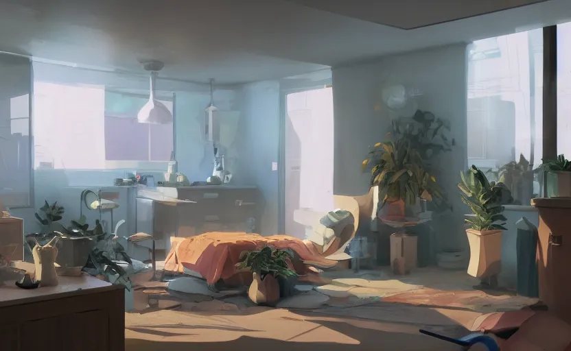 Image similar to a stylish bedroom interior, futuristic plastic capsule apartment, small kitchen, reflective floor, potted plant, painting by Craig Mullins, octane rendering, soft morning lighting, wide angle lens, in the style of Hayao Miyazaki, trending on artstation,