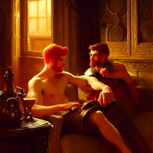 Prompt: hero male mike and hero male tyler, one is ginger and the other brunet, drinking their hearts out, in their noble mansion, at night. highly detailed painting by gaston bussiere, craig mullins, j. c. leyendecker 8 k