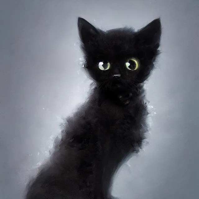 Image similar to a beautiful painting of a cute black kitten. character design by cory loftis, fenghua zhong, ryohei hase, ismail inceoglu and ruan jia. artstation, volumetric light, detailed, rendered in octane