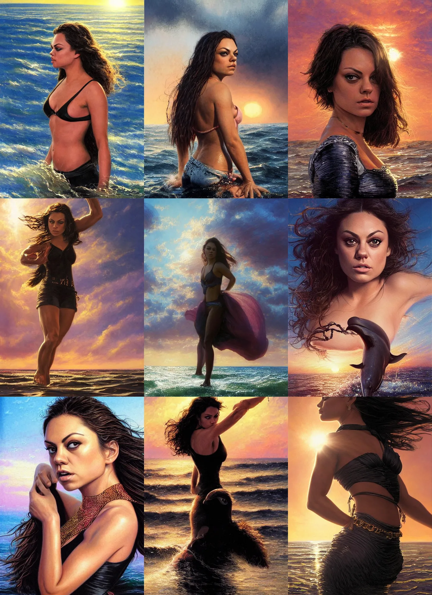 Prompt: Mila Kunis wearing black choker, epic portrait of a very strong muscled Amazon heroine, sun beams across sky, pink golden hour, six-pack, stormy coast, elegant dolphins jumping from the water, intricate, highly detailed, shallow depth of field, epic vista, Ralph Horsley, Daniel F. Gerhartz, Artgerm, Boris Villajo, Lilia Alvarado