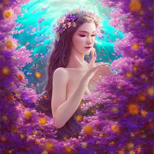 Prompt: Elven druid queen in a swirling sundress of flowers, underwater, floral explosion, radiant light, vortex of plum petals, by WLOP, Hasui Kawase and artgerm, artstation, deviantart