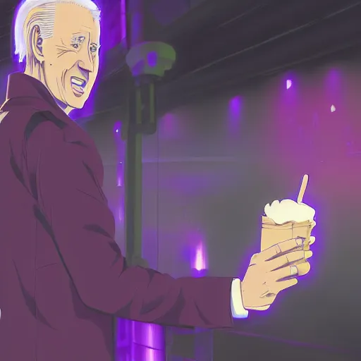 Image similar to anime joe biden eating ice cream, 3 5 mm film still, wired landscape, cyberpunk, volumetric lighting, photo realistic, digital art, anime background, violet colour palette, very detailed faces