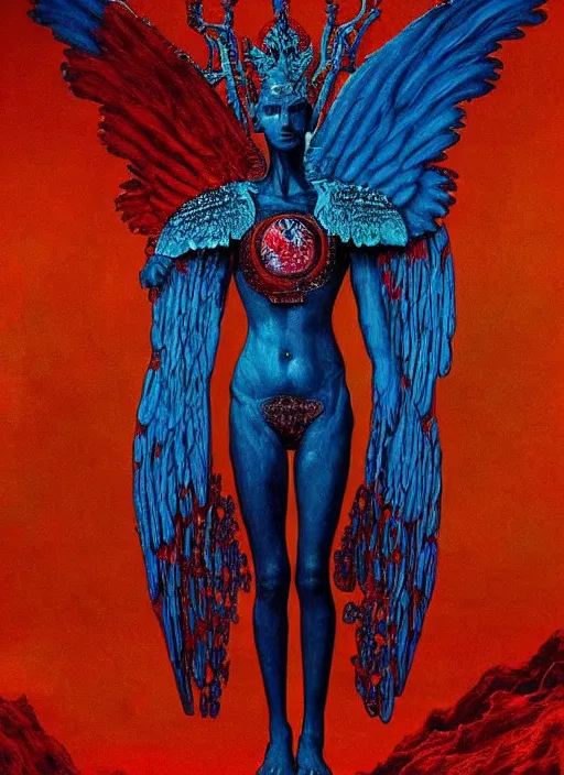 Prompt: beksinski meets rococo style painting of full plate armor of crimson metal with azure blue lining and ruby studded worn by harsh amethyst colour skinned angel with glowing glass wings, magic, enchanted, intricate, crystal, background desert, dusty, soft light, 8 k, artstation trending, masterwork