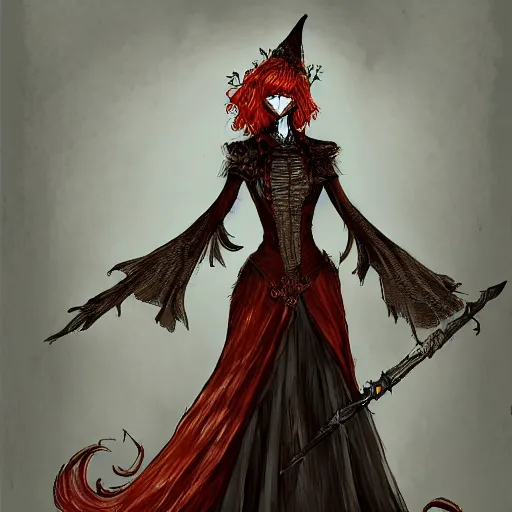 Prompt: Detailed Beautiful and symmetrical witch of fire wearing victorian dress and rusty crown, dark souls, concept art