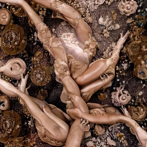 Image similar to closeup of beautiful human bodies intertwined, bodies blooming, 3 d fractals, mandelbulb, dripping wet, skin, macro photography, anamorphic bokeh, long exposure, highly detailed, hyperrealism, cinematic