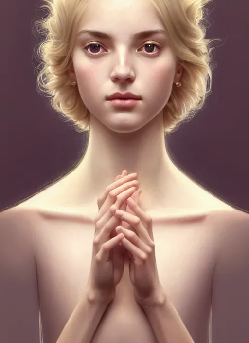 Prompt: symmetry!! portrait of young woman blessed with ever - increasing physical and mental perfection, slice - of - life, realism, blonde hair, perfect face!! intricate, elegant, highly detailed, holy perfection!! digital painting, artstation, concept art, smooth, sharp focus, illustration, humanity, art by artgerm and greg rutkowski and alphonse mucha