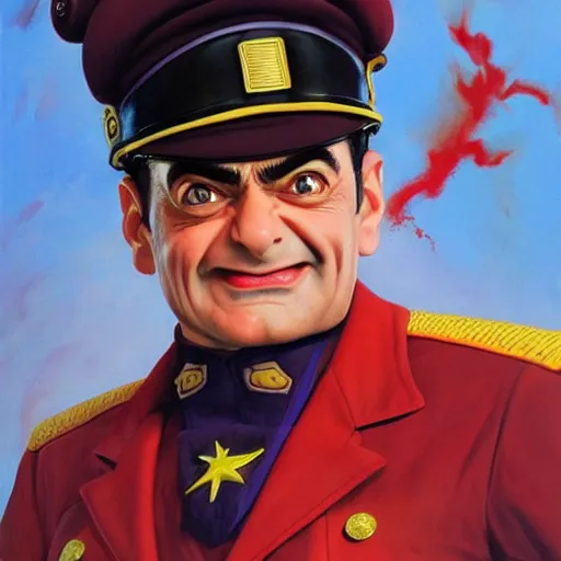 Image similar to ultra realistic painting of mr bean as m. bison from street fighter, art by frank frazetta, 4 k, ultra realistic, highly detailed, epic lighting