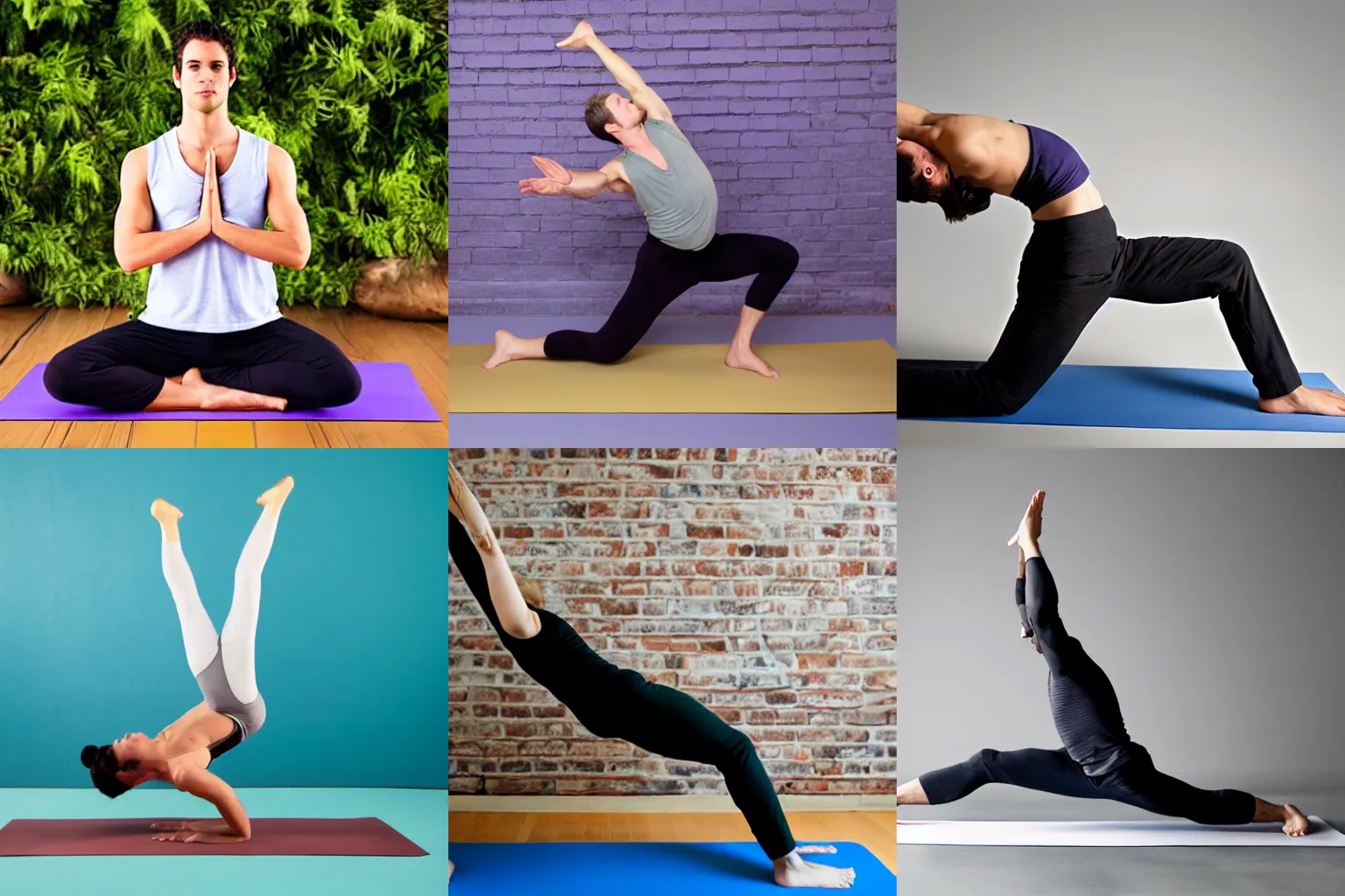 Prompt: weird yoga poses for men, studio photo
