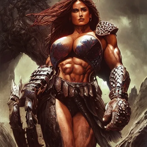 Prompt: muscular beautiful salma hayek wearing steel barbarian armor tombow artwork uta natsume , lucas graciano, greg staples ,jean-sebastien rossbach , christophe young , eytan zana , rumiko takahashi