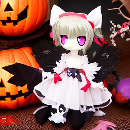 Prompt: cute fumo plush of a magical girl from the depths of hell, gothic maiden of the dark, tattered wings, halloween, cursed, vray