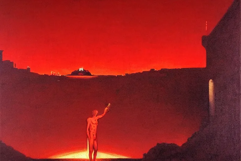 Image similar to only with red, a red melted apollo with a laurel wreath and a flaming sword announce win, athens in background, in the style of beksinski, parts by edward hopper, parts by rodcenko, parts by yue minjun, intricate and epic composition, red by caravaggio, insanely quality, highly detailed, masterpiece, red light, artstation, 4 k