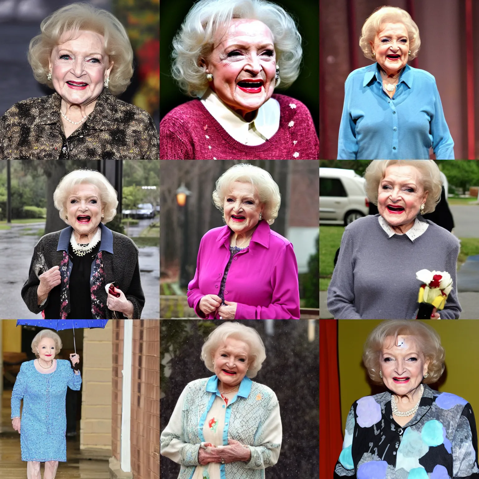 Prompt: betty white goes to church on a rainy day