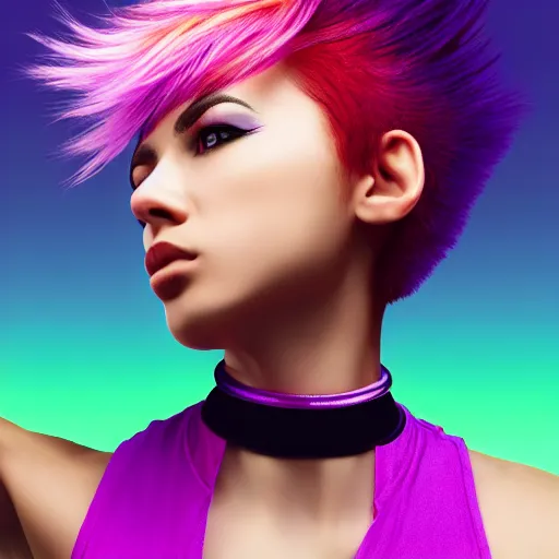 Image similar to a award winning action upper body portrait of a beautiful woman with a ombre purple pink hairstyle with head in motion and hair flying, choker, outrun, vaporware, vivid colors, highly detailed, fine detail, intricate