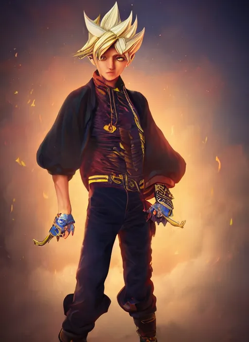 Prompt: An epic fantasy comic book style portrait painting of boy fantasy thief with blonde hair yu-gi-oh style , unreal 5, DAZ, hyperrealistic, octane render, cosplay, RPG portrait, dynamic lighting