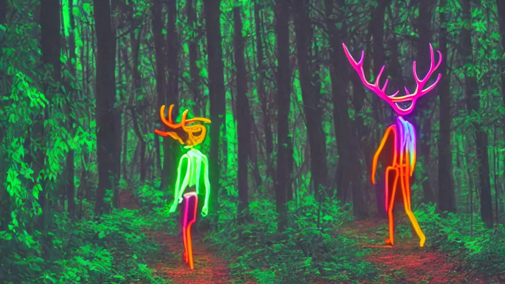 Prompt: psychedelic neon wendigo walking down a trail in the forest