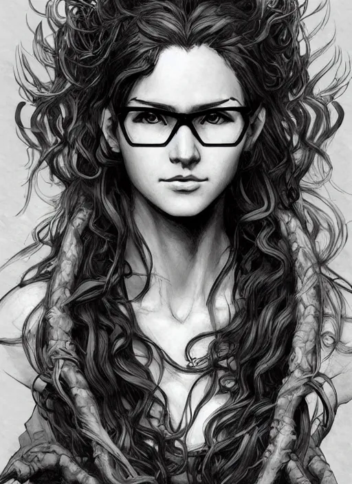 Prompt: Half body portrait of a beautiful elven female scholar with long curly hair and glasses, working at the library. In style of Yoji Shinkawa and Hyung-tae Kim, trending on ArtStation, dark fantasy, great composition, concept art, highly detailed, dynamic pose.