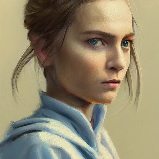 Image similar to Portrait of a woman by Greg Rutkowski, she is about 30 years old, pretty, blond hair with two strans around her face, slavic features, melancholic gaze, pretty aquiline nose, she is wearing a blue utilitarian jumpsuit, highly detailed portrait, digital painting, artstation, concept art, smooth, sharp foccus ilustration, Artstation HQ.