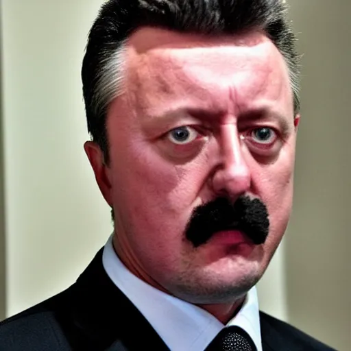 Image similar to Igor Ghirkin Strelkov as The American Psycho, sweating hard, staring schizophrenically, cinematic still