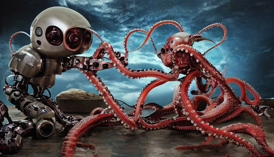 Prompt: color photograph of a battle cyborg fighting a robot octopus