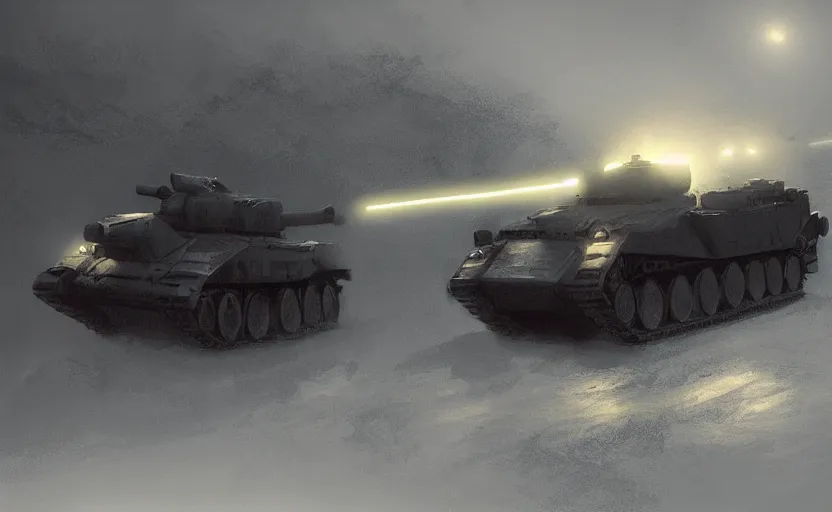 Image similar to a black military tank in the mountain at night by Paul Chadeisson, blue headlights, heavy fog, atmospheric, artstation, concept art, illustration, sharp focus, high detail, octane render, RTX, intimidating