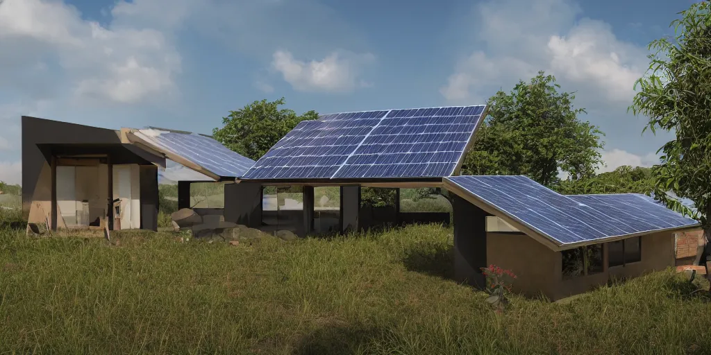 Prompt: hypermodern offgrid village connected houses with solarpanels integrated in nature, forte gimenes marcondes ferryz arquitetos detailed, octane render, photo realism, 3D, ray tracing, photo realism