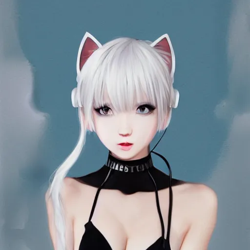 Image similar to realistic teasing detailed semirealism beautiful gorgeous cute Blackpink Lalisa Manoban white hair white cat ears blue eyes, wearing black camisole outfit, headphones, black leather choker full HD 4K high resolution quality WLOP, Aztodio, Taejune Kim, Guweiz, Pixiv, Instagram, Artstation