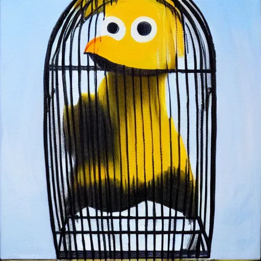 a big bird in a small cage, oil on canvas, black and Stable Diffusion