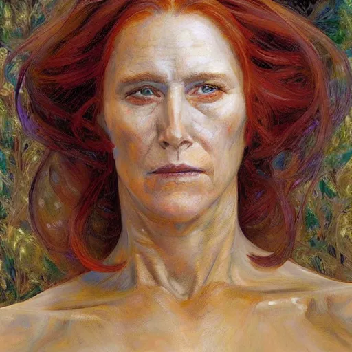 Prompt: portrait of a woman with a painted wood mask, by donato giancola.