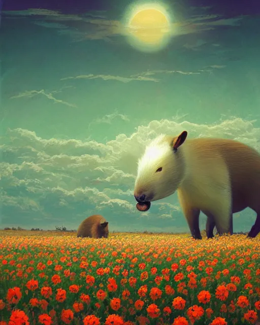 Prompt: white capybara looking at the sun in a flower field, surreal photography, sunrise dramatic light, impressionist painting, colorful clouds, digital painting, artstation, kilian eng, john harris, bastien lecouffe - deharme, simon stalenhag, flower face