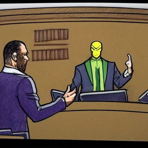 Image similar to court room sketch of thanos explaining his plans to the jury with a diagram of the infinity gauntlet.