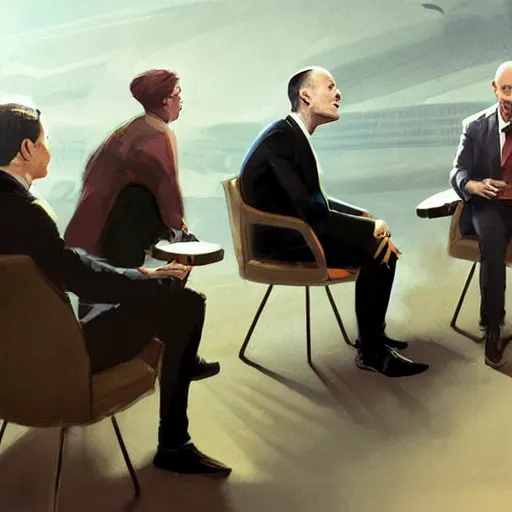 Image similar to illustration of a meeting between elon musk, mark zuckenberg, jeff bezos, very clear face, high quality, very detailled, by artgem, greg rutkowski